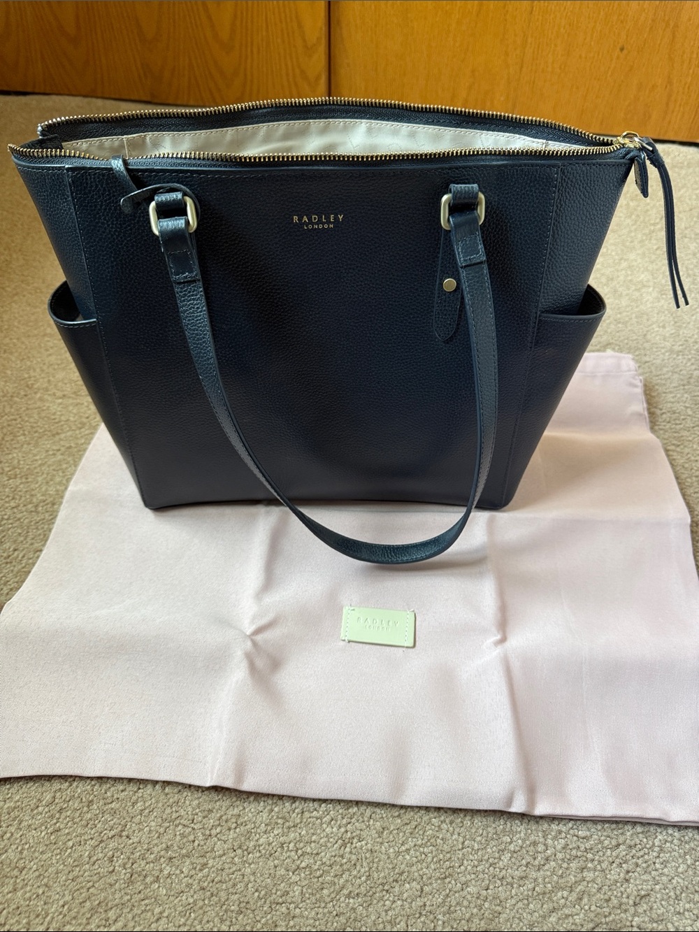 RADLEY LONDON Navy Pebbled Leather Tote with Gold Hardware